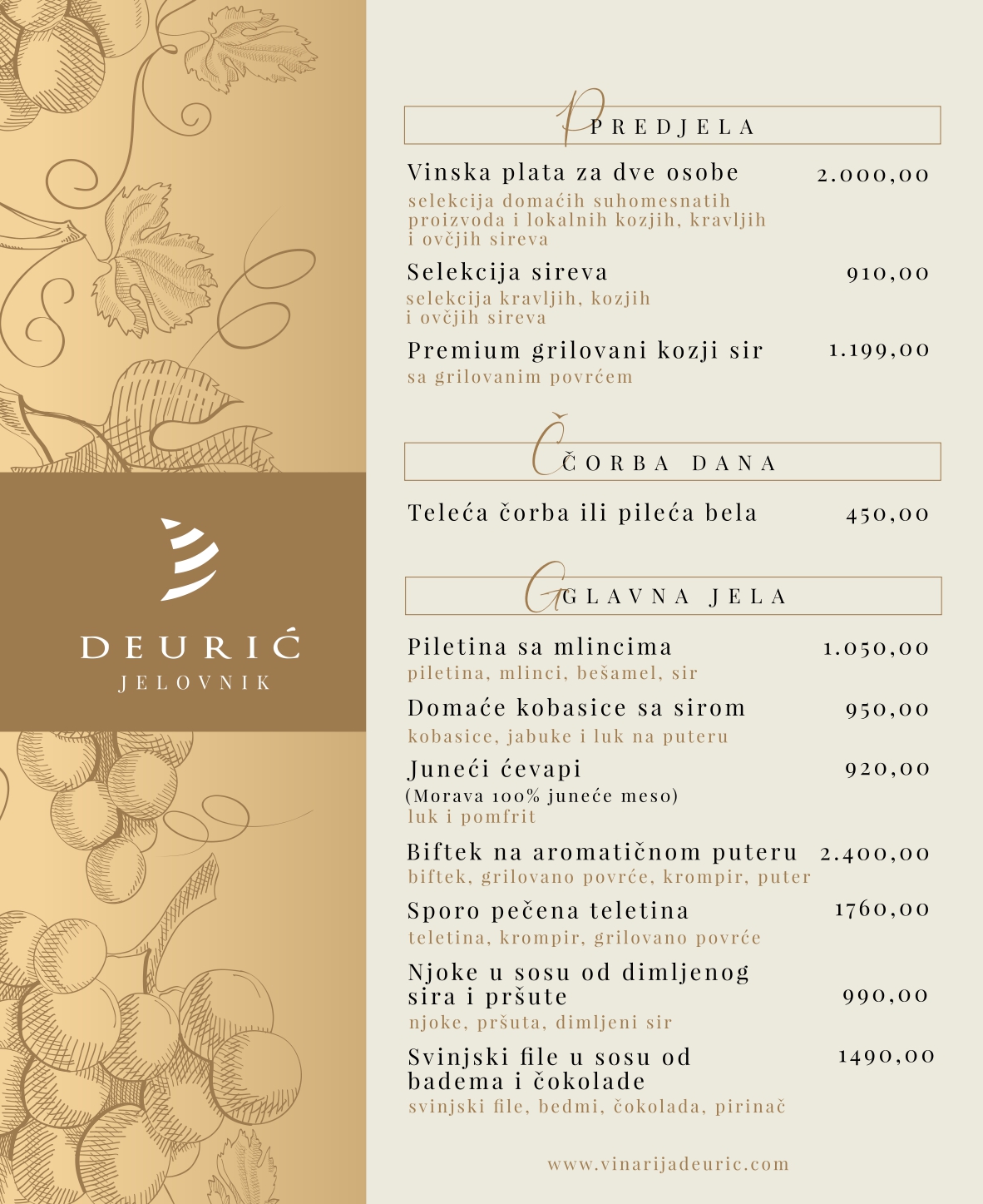 Jelovnik Vinarija Deurić